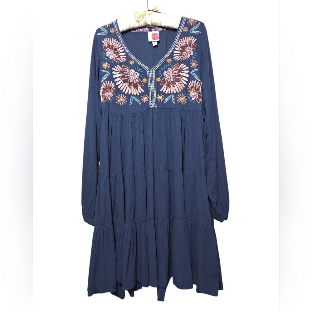 Knox Rose Navy Blue Floral Embroidered Boho Tiered Midi Dress Small